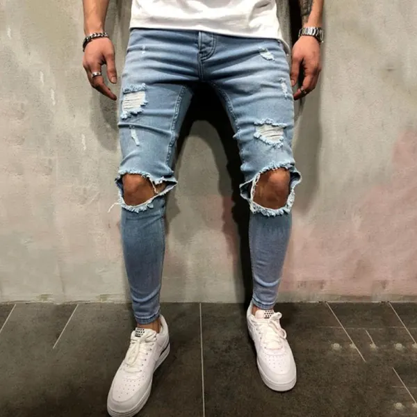Men's street solid color ripped denim trousers LH067 - Sanhive.com 