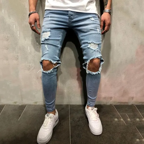 Men's street solid color ripped denim trousers LH067 - Leanarea.chimpone.com 