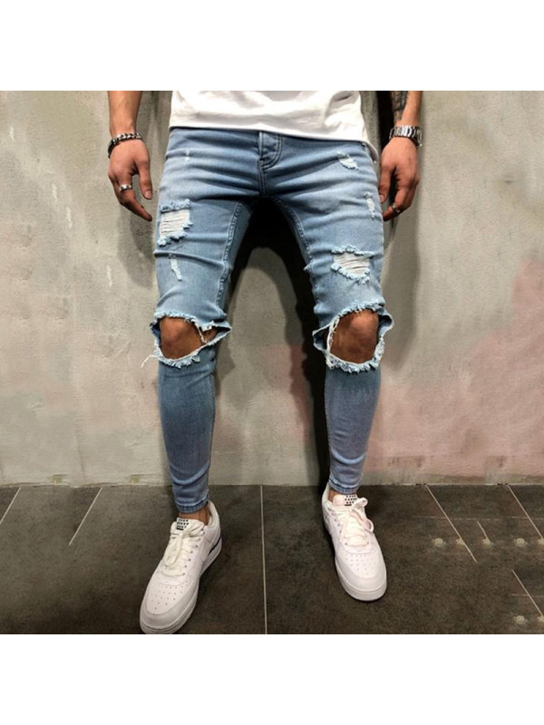 Men's street solid color ripped denim trousers LH067 - Inkshe.com 