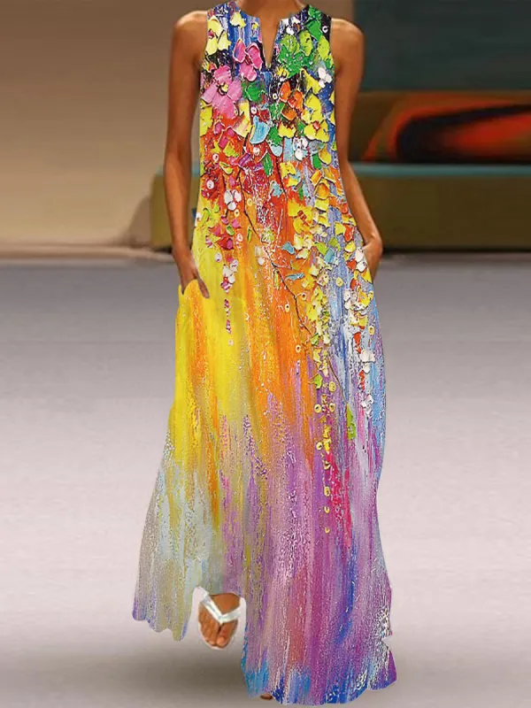 ärmelloses Kleid mit Vintage-Print und V-Ausschnitt im Sommer - Funluc.com 