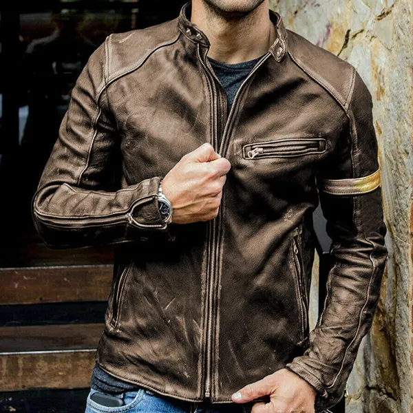 Men's Stand-up Collar Punk Motorcycle Retro Leather Jacket - Villagenice.com 