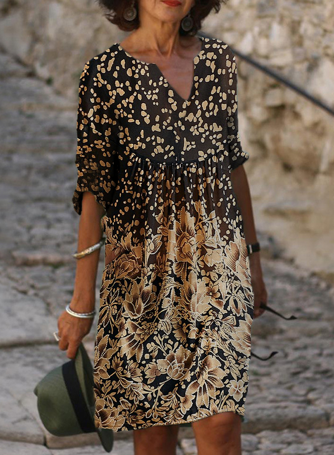 Fashion Beige Floral Print V neck Midi Dress Women