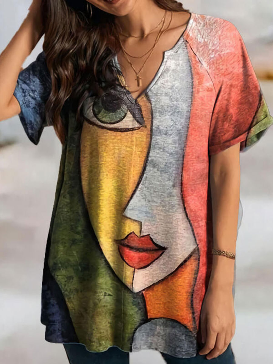 V neck Printed Loose Casual Short sleeved T shirt