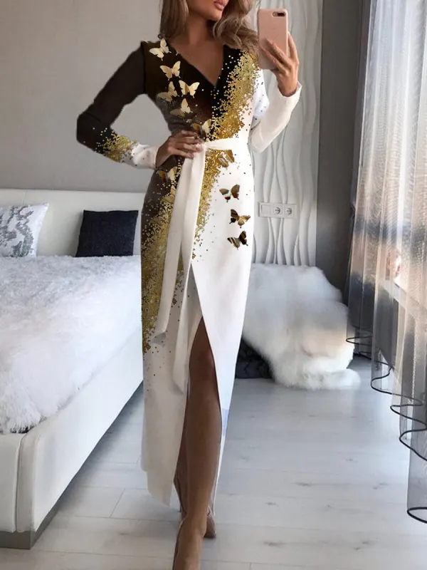 Fashion Butterfly Print V-neck Wraped Dress Women - Anystylish.com 