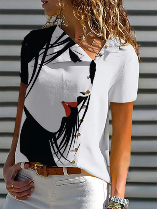 Womens Casual Asymmetrical Collar Fashion Art Print Shirt - Funluc.com 
