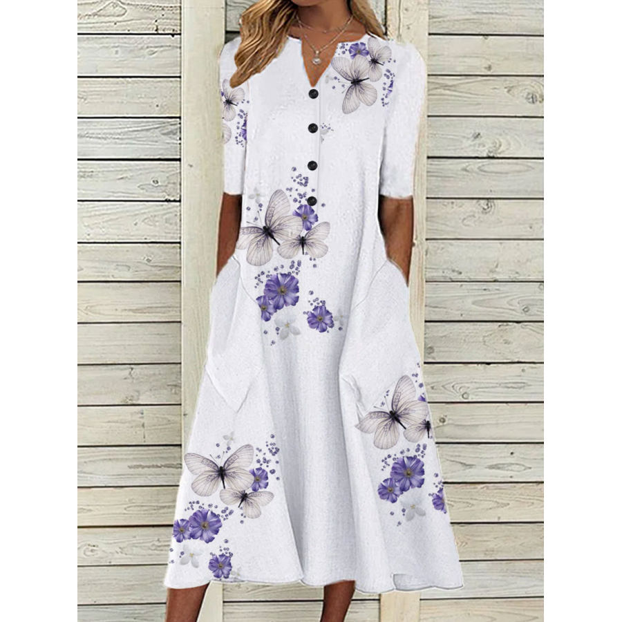 

Butterfly Print Long Sleeve Casual Maxi Dress