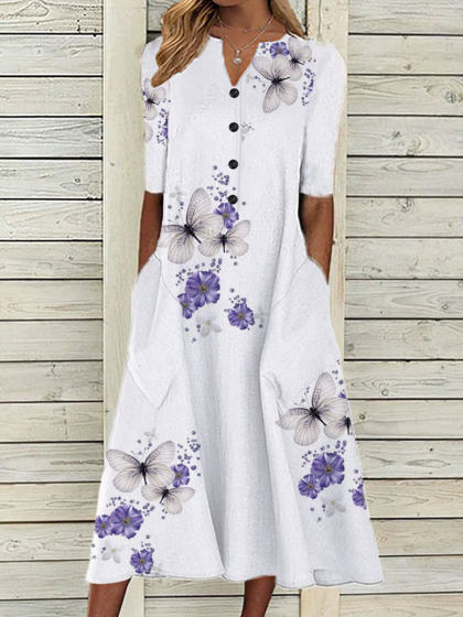 Butterfly Print Long Sleeve Casual Maxi Dress