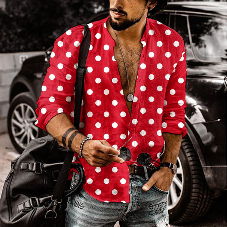 

Polka Dot Print Long-sleeved Cotton Linen Shirt