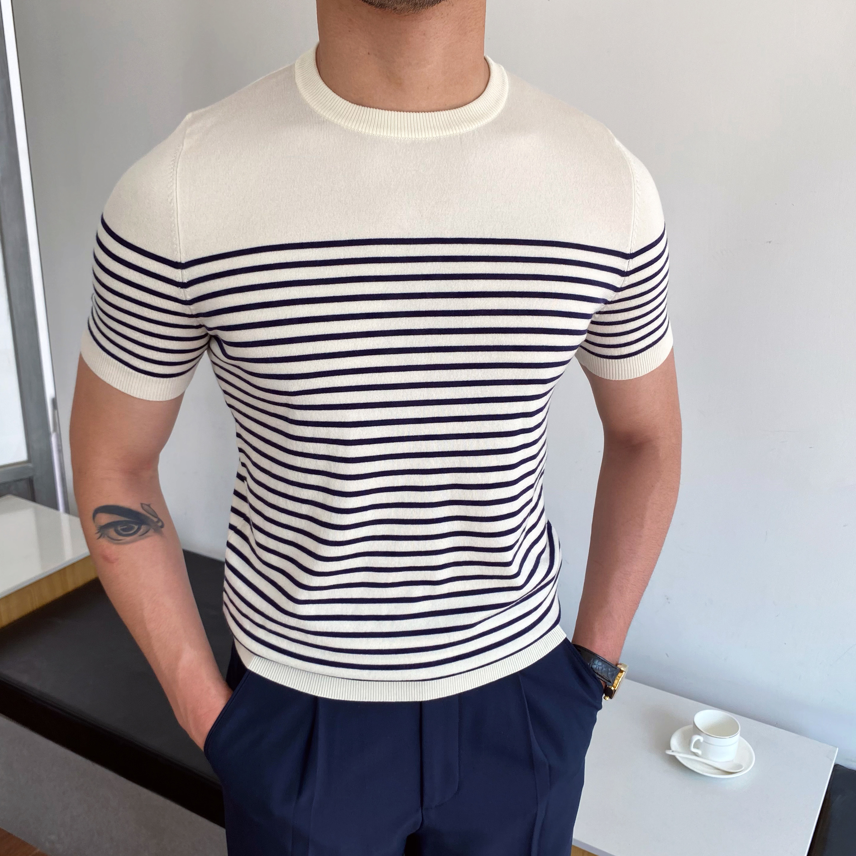 Gentleman Striped Knitted Short sleeved T shirt