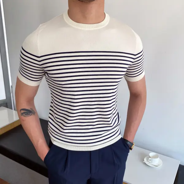 Gentleman Striped Knitted Short-sleeved T-shirt - Fineyoyo.com 