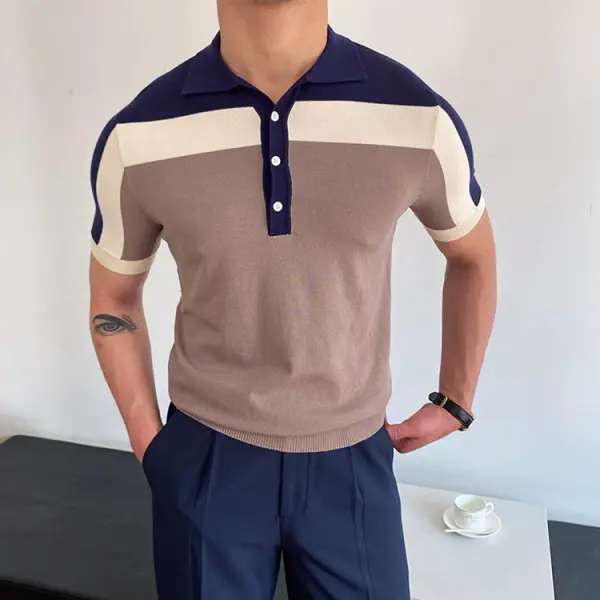 Gentleman Summer Color Matching Knitted Polo Shirt - Yiyistories.com 