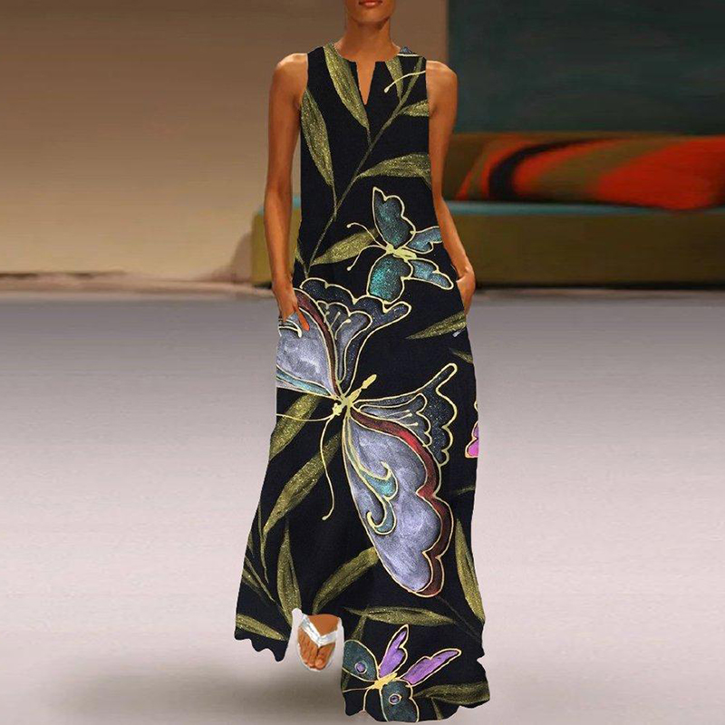 Fashion V neck Sleeveless Printed Dress