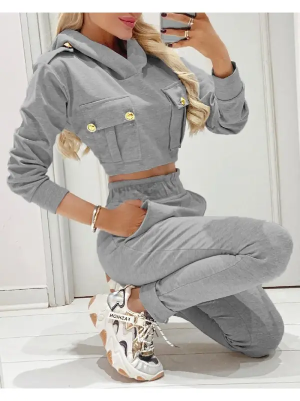 Fashionable Golden Button Decorative Sweater Hooded Suit - Realyiyi.com 