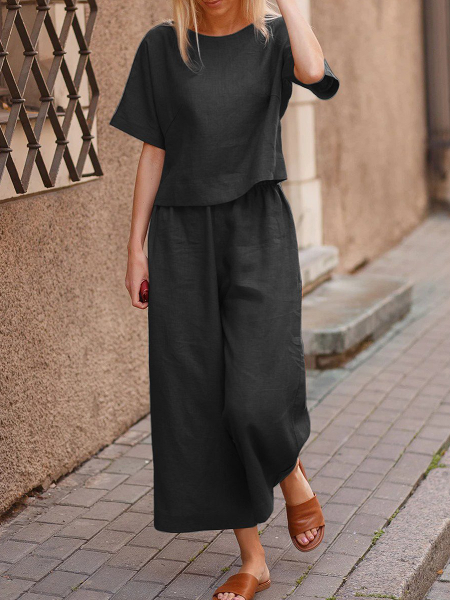 Cotton And Linen Casual Solid Color Two piece Suit