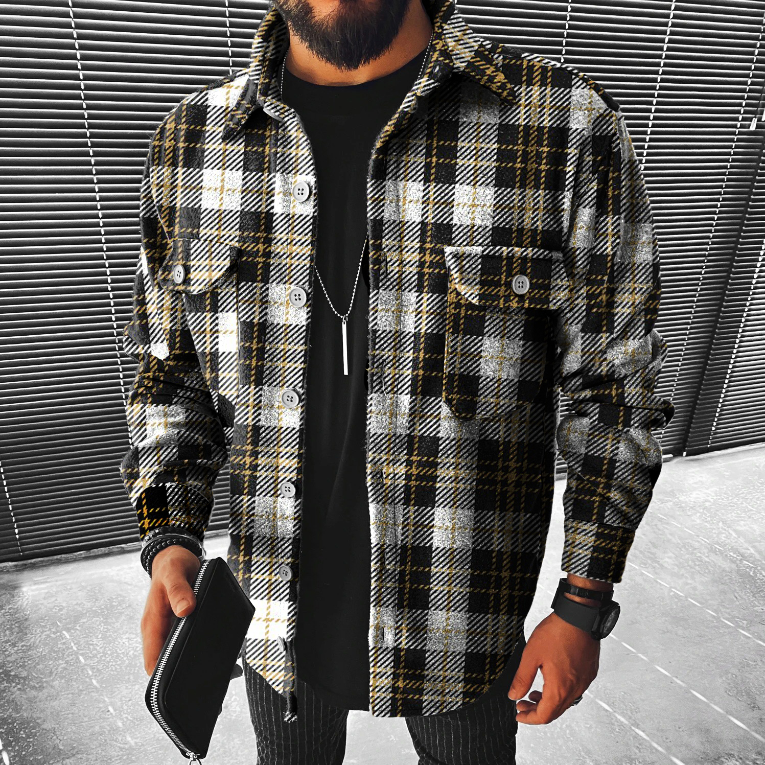 Casual Check Textured Long Sleeve Jacket