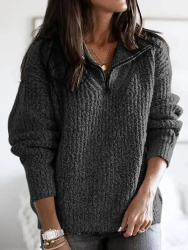 V Neck Zips Plain Long Sleeve Knit Pullover - Oasisjoy.com 