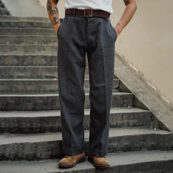 1930s French Tooling Striped Straight Retro Trousers - Villagenice.com 