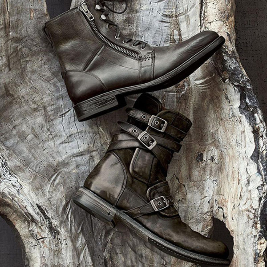 

Men's Round Toe Belt Buckle Side Zipper Chunky Heel Ankle Bo