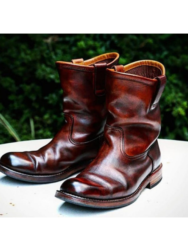 Western Vintage Square Head Soft Leather Boots