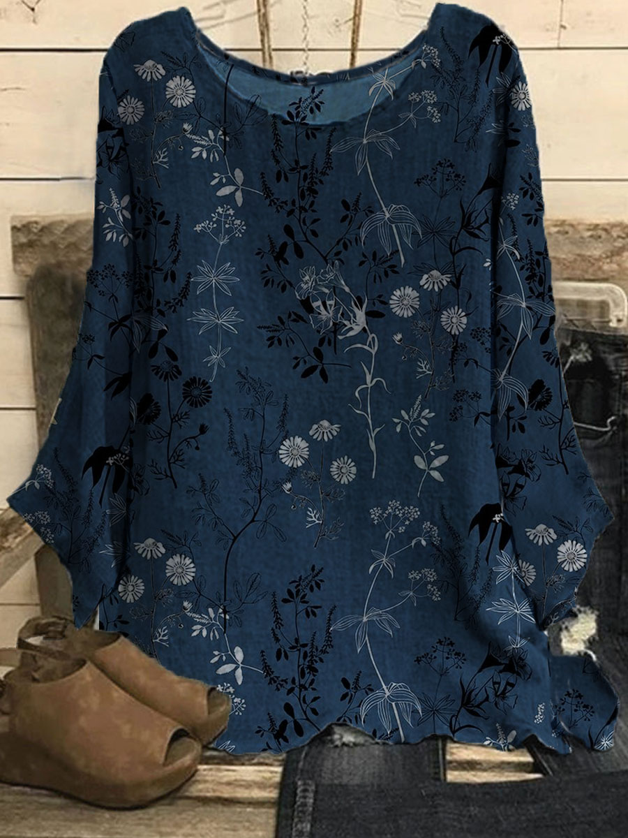 Round Neck Floral Print Long sleeved Blouse