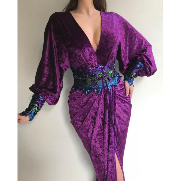 Women's Elegant Velvet Sequined Cuff Design Dress - Anystylish.com 