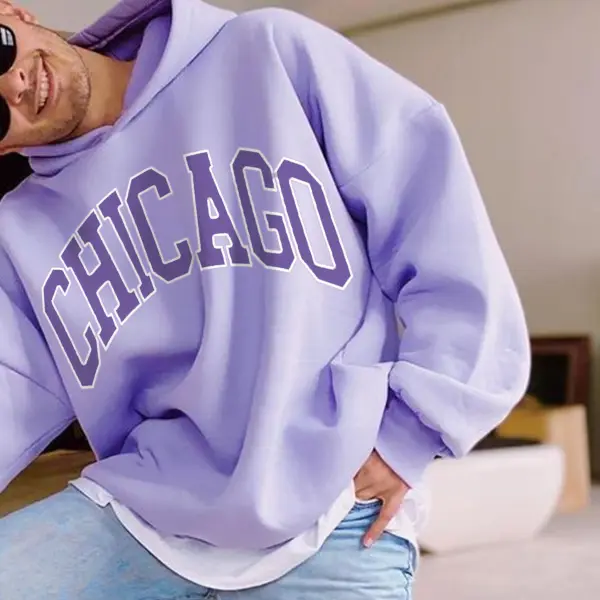 Men's Oversized Chicago Letter Print Hoodie - Faciway.com 