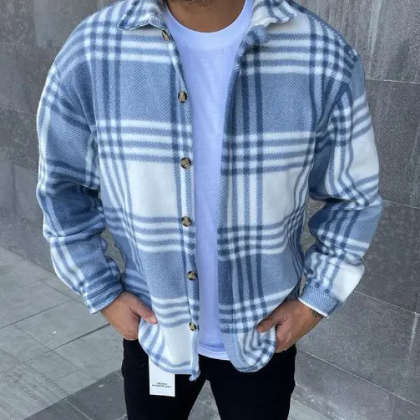 Check Striped Textured Long Sleeve Shirt/Jacket - Ootdyouth.com 