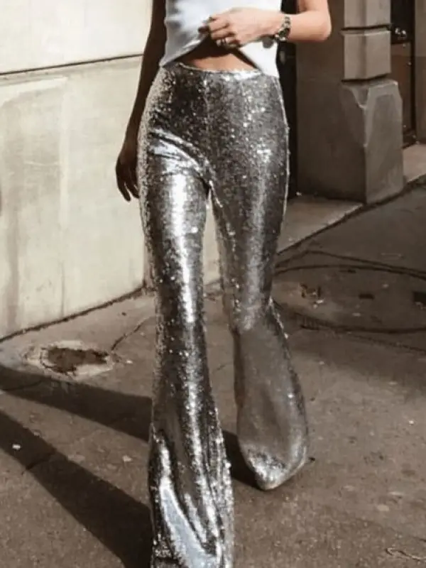 Women's Fashionable Silver Sequins Lined Up Party Trousers - Ininrubyclub.com 