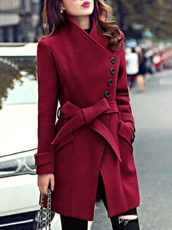 Fashion Solid Color Buttoned Woolen Coat - Ininrubyclub.com 