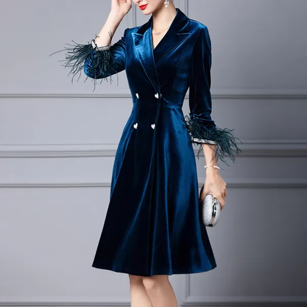 Women's Blue Velvet Feather Long Sleeve Waist Slimming Dress - Seeklit.com 
