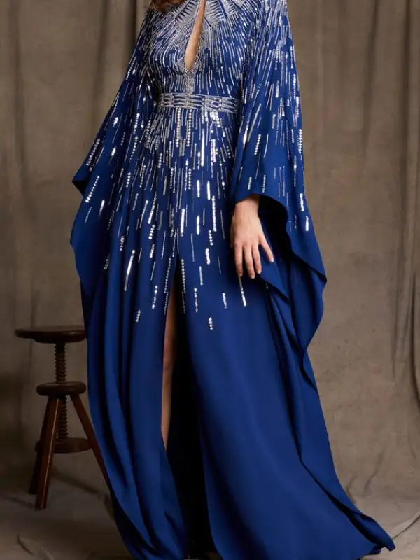 Women's Elegant Hot Silver Geometric Hollow Neckline Slit Long Skirt Evening Dress - Anystylish.com 