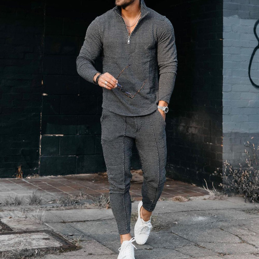 

Curve Texture Long-sleeved Polo And Sweatpants Set