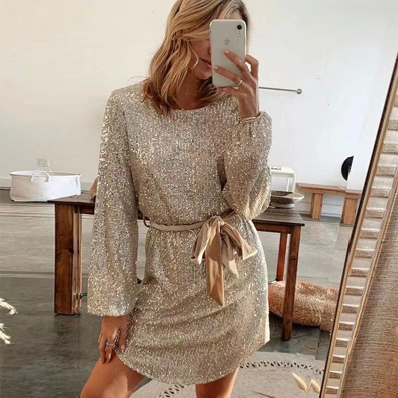 Long Sleeve Round Neck Belt Sequined Dress