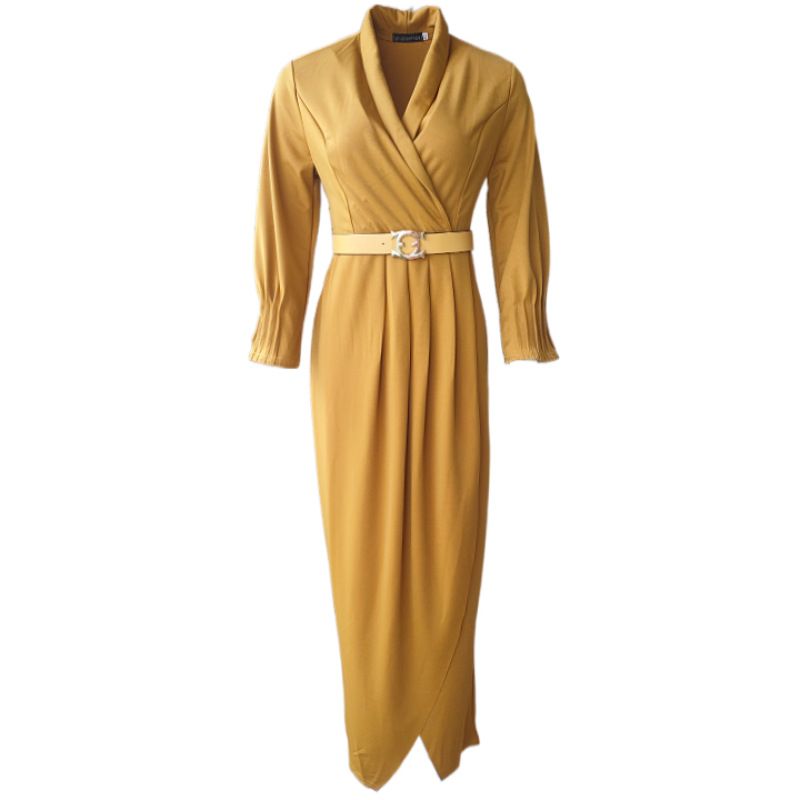 Pure Color Small V Lapel Temperament Commuter Sleeve Pleated Dress With Belt Dress