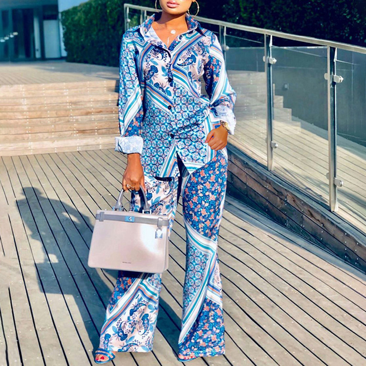 Elegant And Stylish Printed Blue Button Shirt Two piece Set