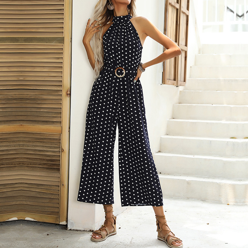 Fashion Trend Belt Polka Dot Halter Strap Wide Leg Jumpsuit