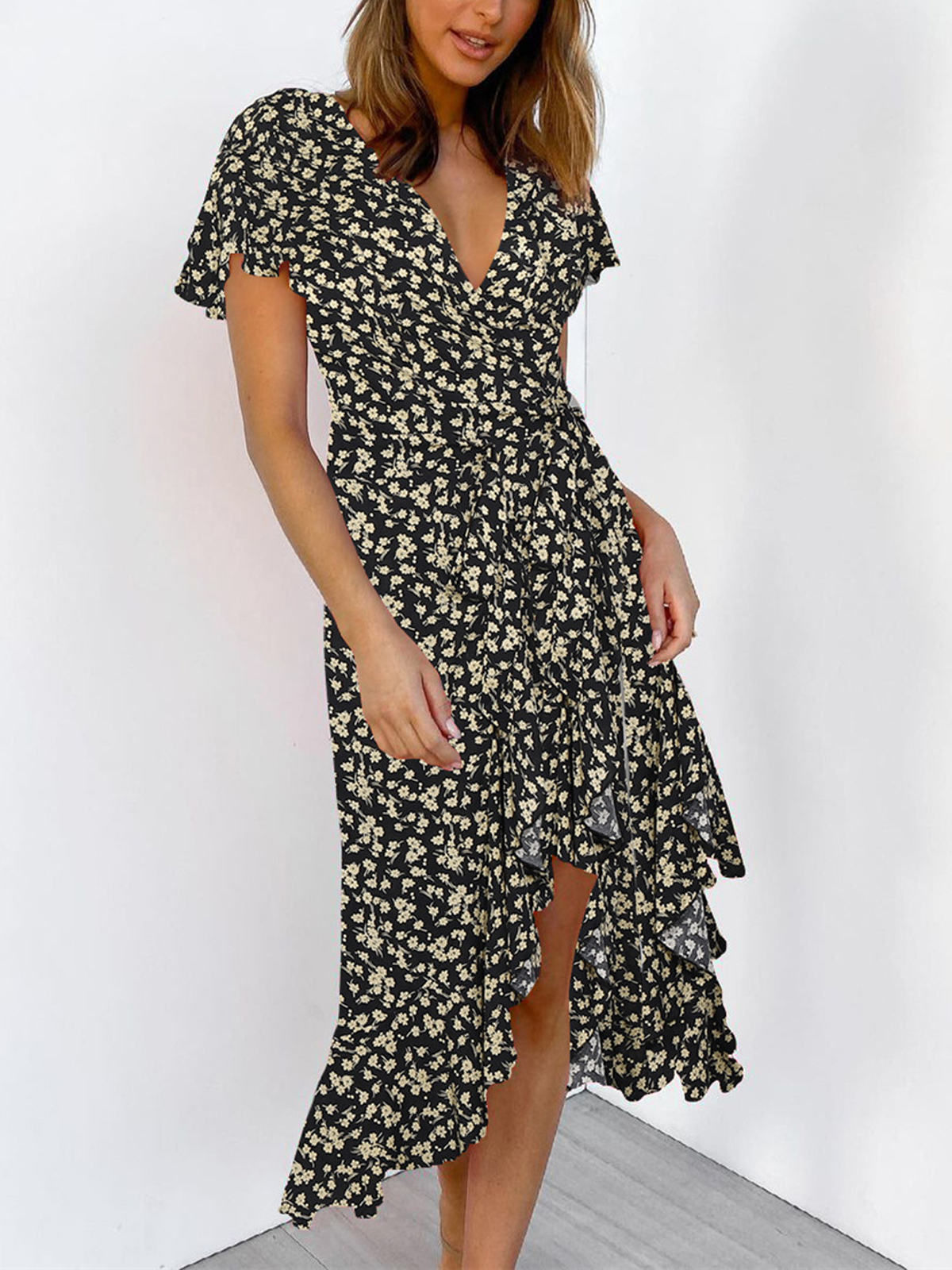 Floral Print Ruffle Short Sleeve V neck Wrap Maxi Dress