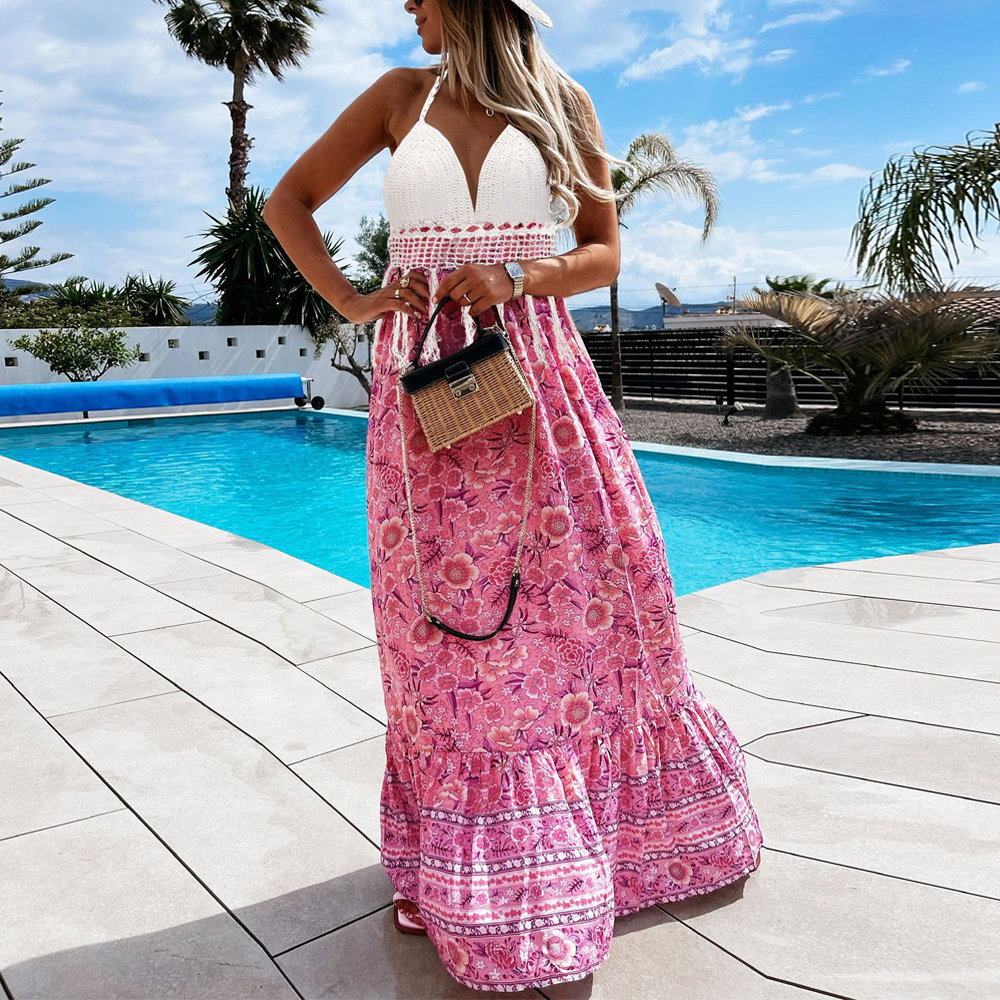 Floral Print Crocheting And Tasseels Slip Dress Maxi Dress Boho Style