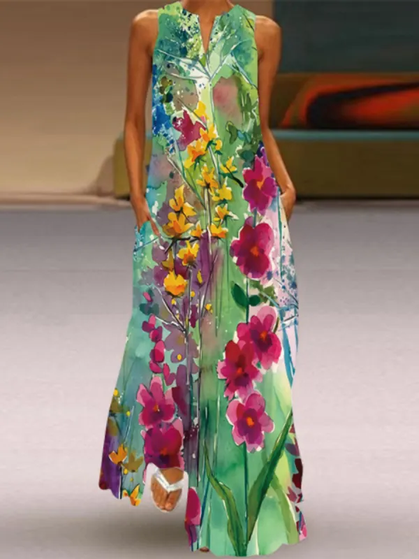 Ladies V-neck Floral Print Maxi Dress - Funluc.com 