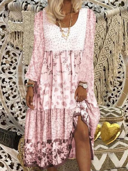 Round Neck Print Casual Long-sleeved Shift Dress