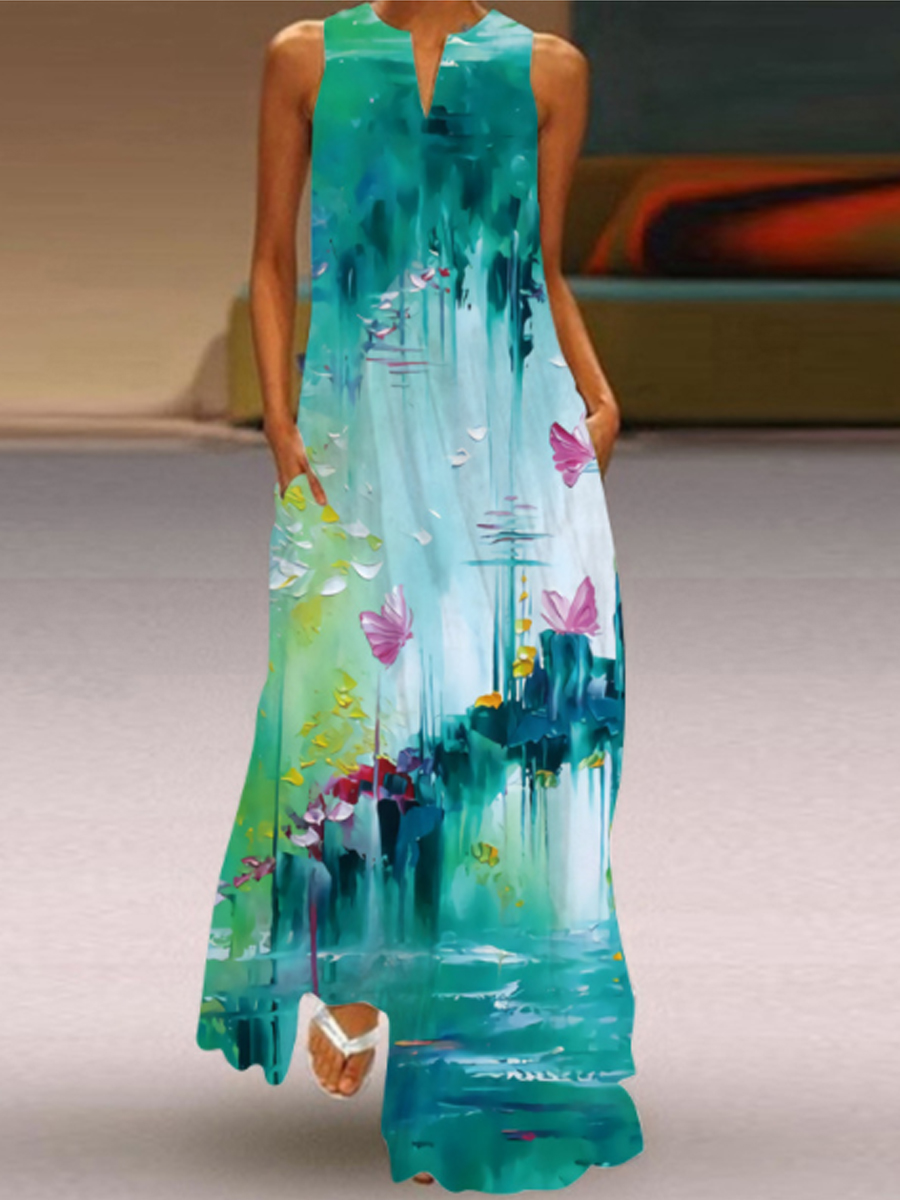 Ladies V neck Floral Print Maxi Dress