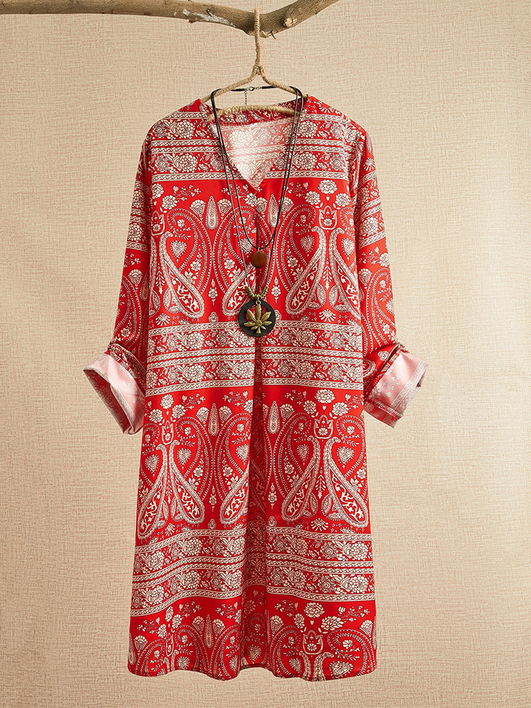 Vintage Paisley Print V Neck Long Sleeve Shift Dress
