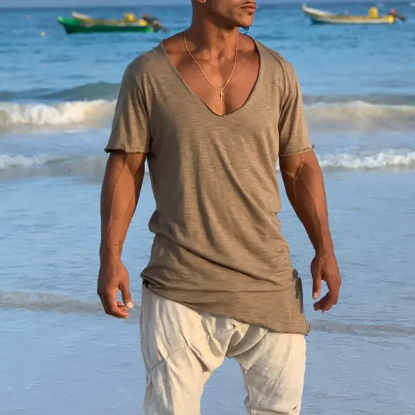 Off-cut Low-cut Wide-neck T-shirt - Mobivivi.com 