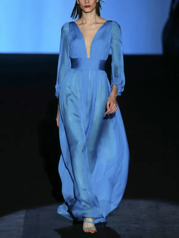 Blue V-neck Faux Silk Puff Sleeve Long Dress - Minicousa.com 