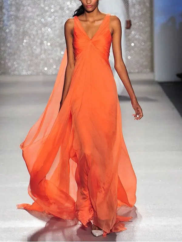 Orange Chiffon Flowy V-Neck Sleeveless Dress - Viewbena.com 