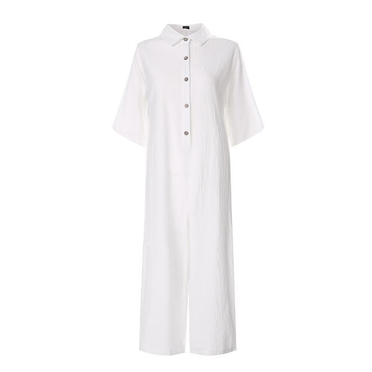 Button Lapel Long Loose Short Sleeve Jumpsuit