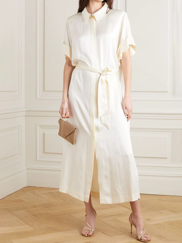Off White Lapel Cotton Linen Short Sleeve Mid Length Shirt Dress