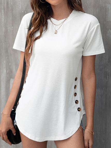 Solid Color Rounded Hem Button Round Neck Short Sleeve T Shirt