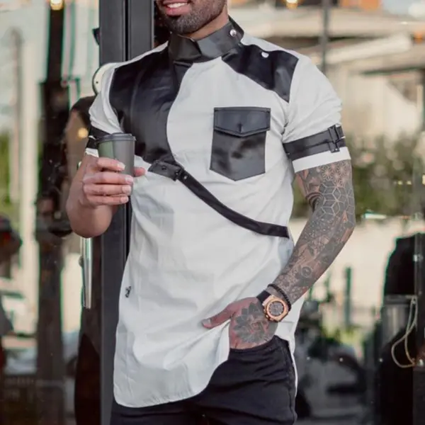 Men's Patchwork Asymmetric Short Sleeve Shirt - Mobivivi.com 