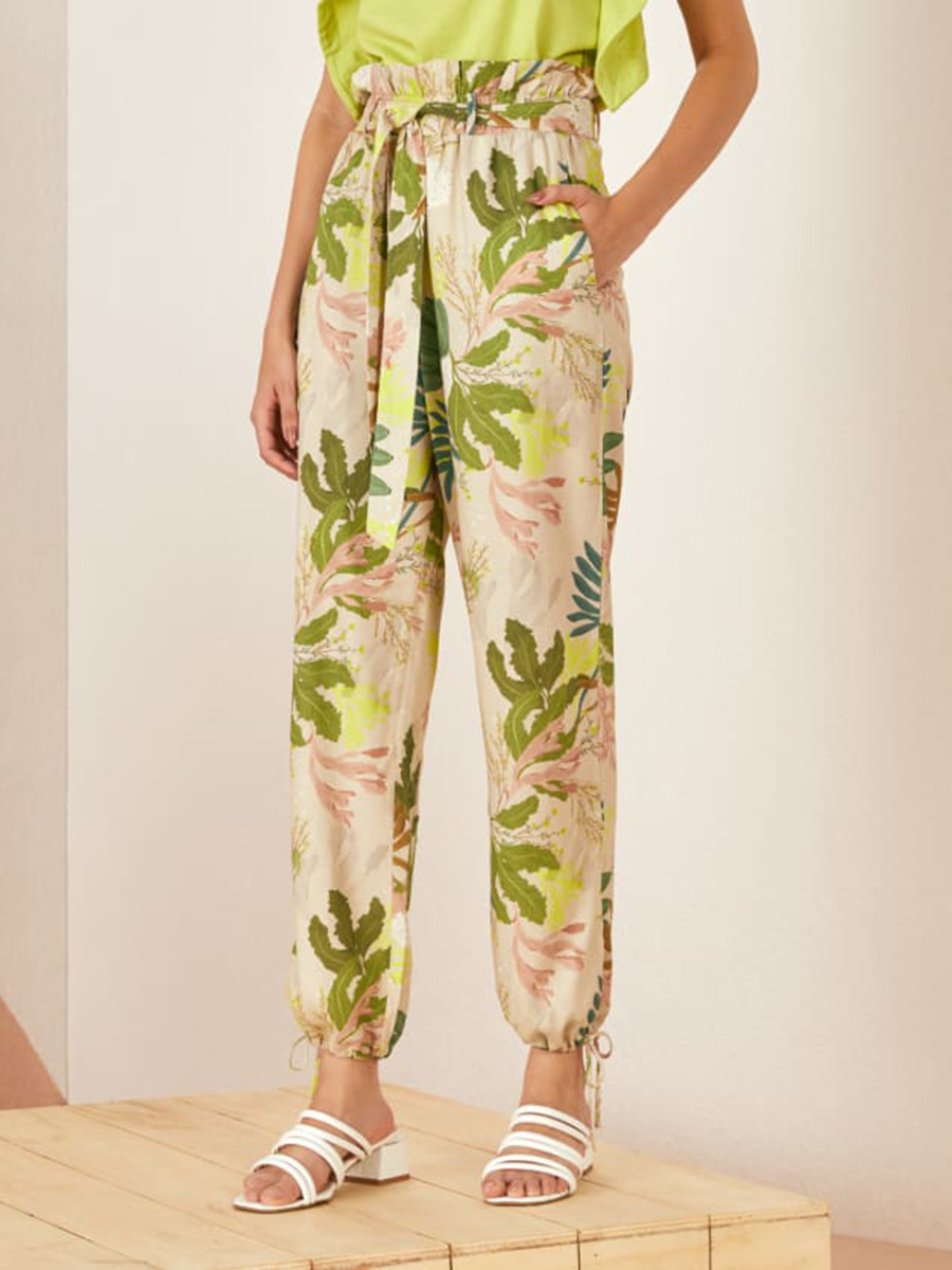 Apricot Floral Print Tie Casual Relaxed Tapered Pants